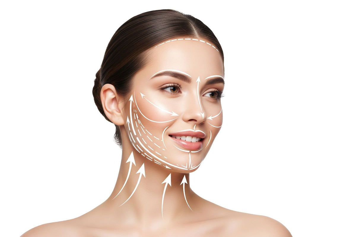 Face lifting exercise demonstration with lifting arrows